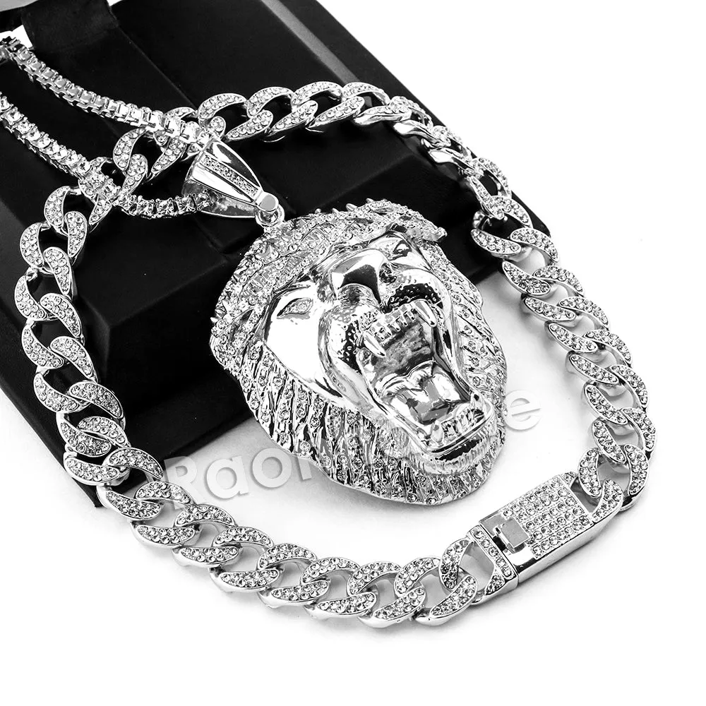 Hip Hop Quavo Roaring Lion Miami Cuban Choker Chain Tennis Necklace L54