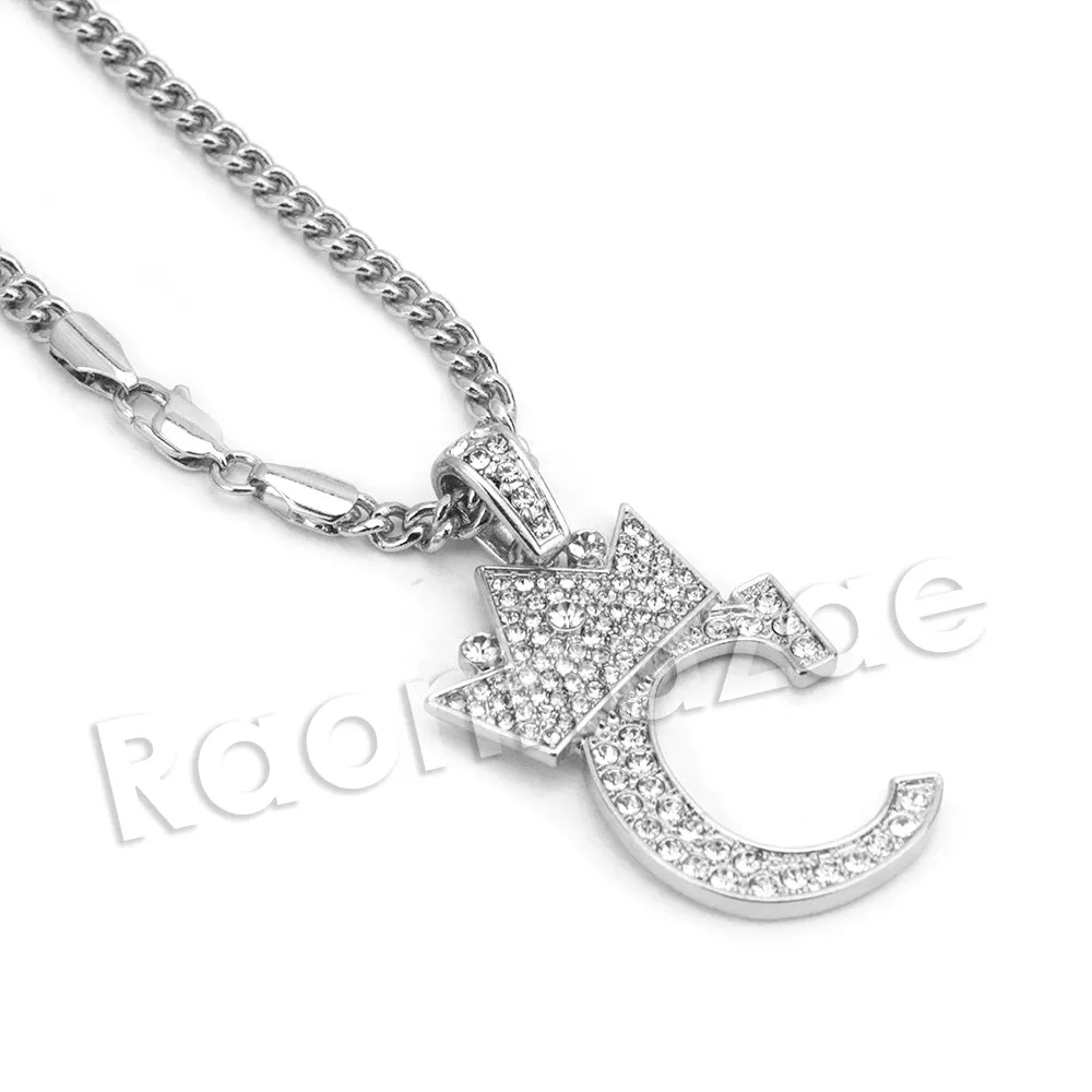 King Crown C Initial Pendant Necklace Set (Silver)