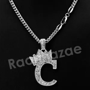 King Crown C Initial Pendant Necklace Set (Silver)