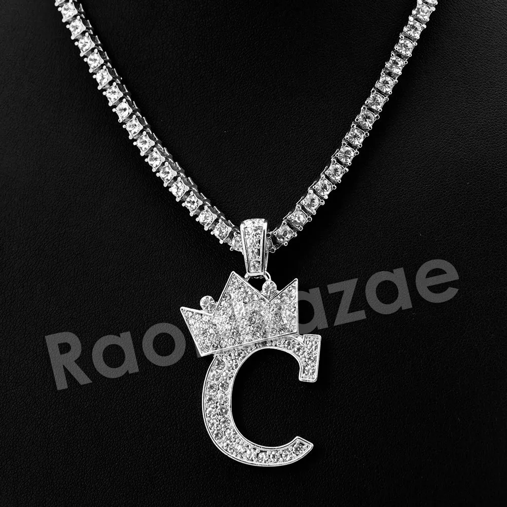 King Crown C Initial Pendant Necklace Set (Silver)