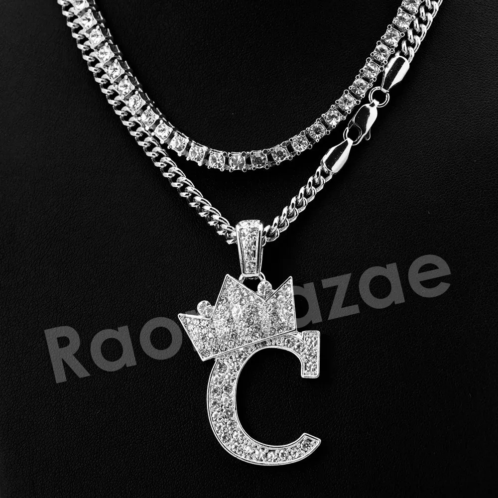 King Crown C Initial Pendant Necklace Set (Silver)