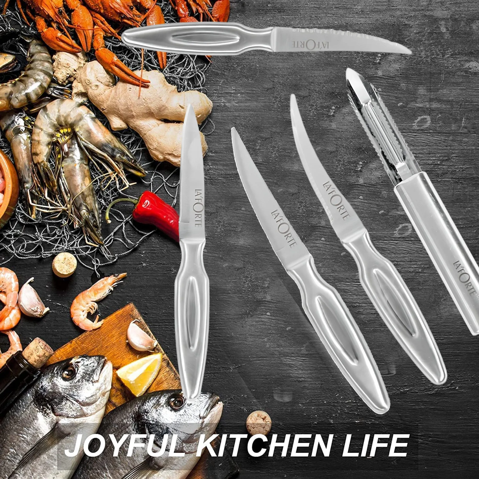 La'forte Stainless Steel Knife set with Metal Block, 5-Pieces (Silver)