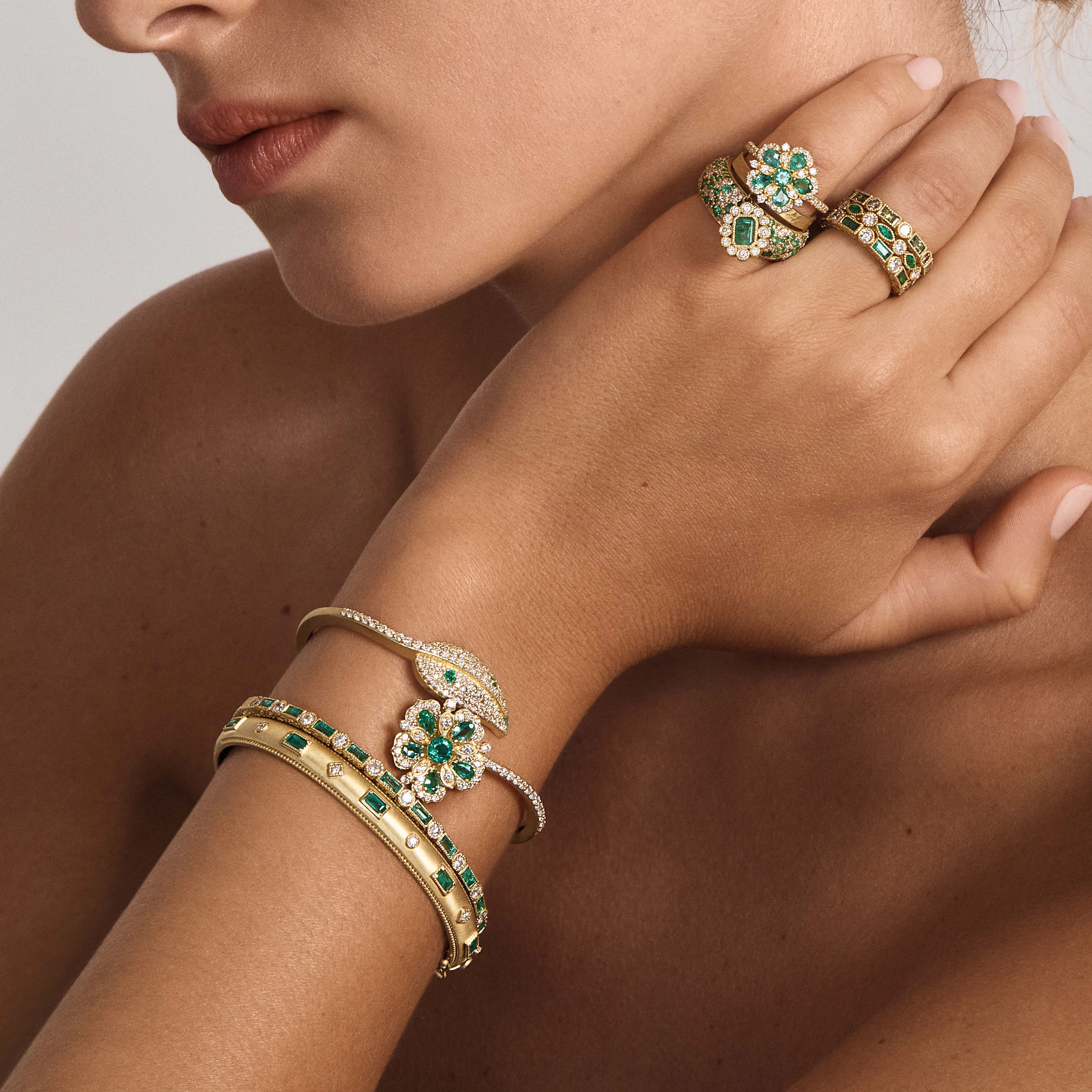 Large Jasmine Bloom Bypass Leaf Bangle with Emeralds & Diamonds