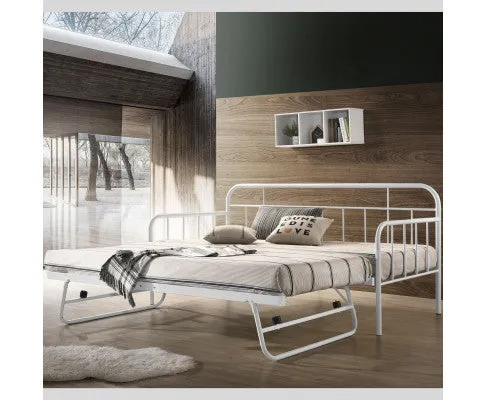 Metal Daybed Pop Up Trundle Sofa Bed Frame Single Size White