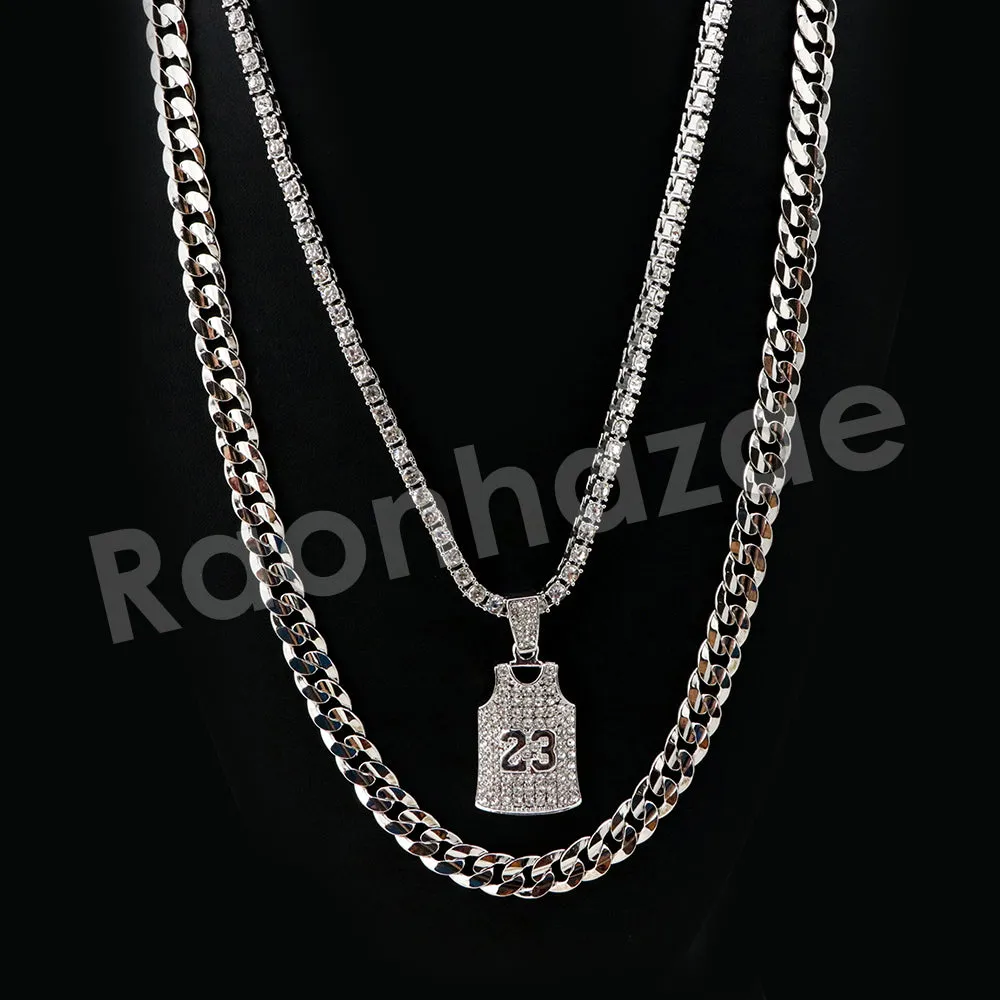 Micro Pave Number 23 Jersey Pendant w/ 18" Tennis / 30" Cuban Chain X3