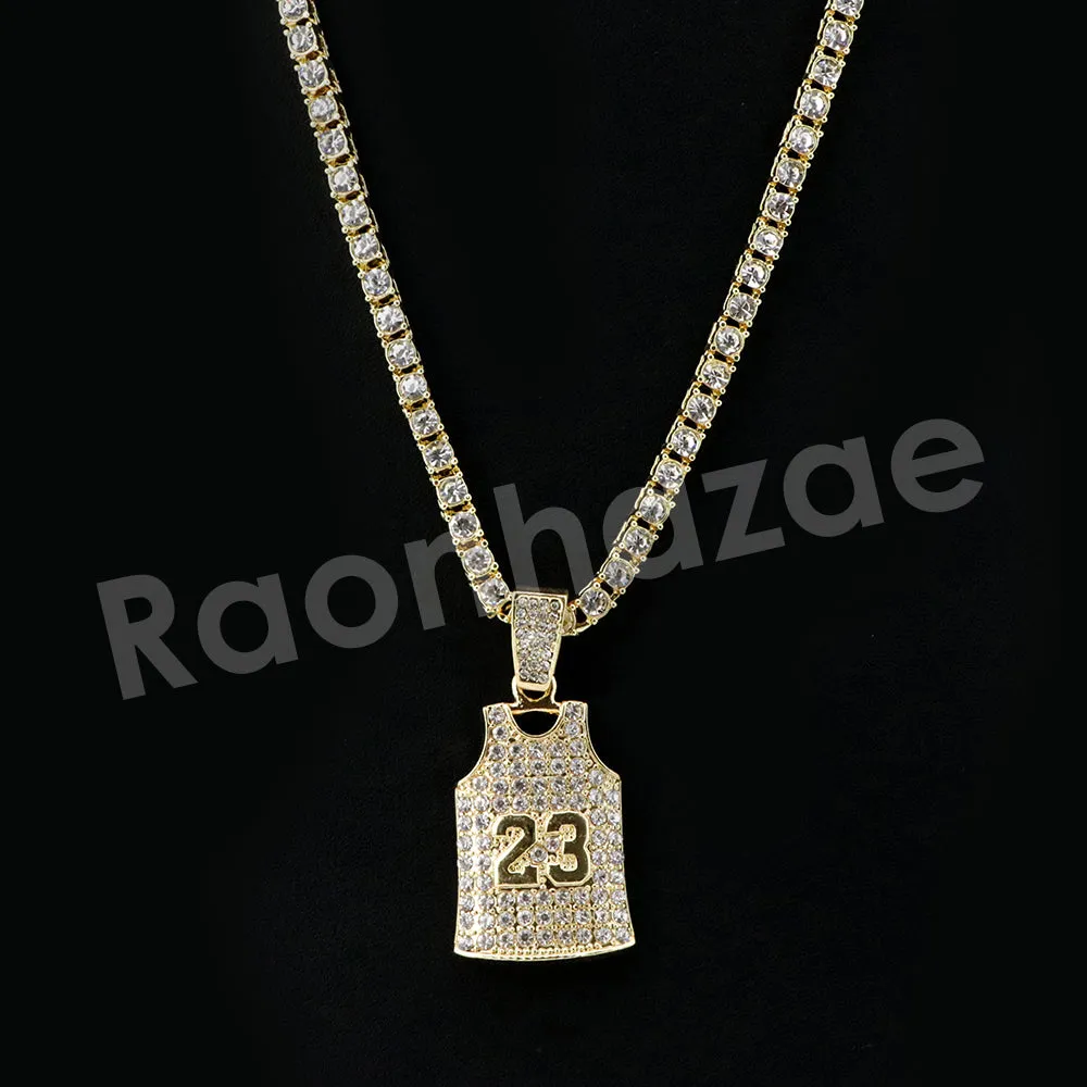 Micro Pave Number 23 Jersey Pendant w/ 18" Tennis / 30" Cuban Chain X3