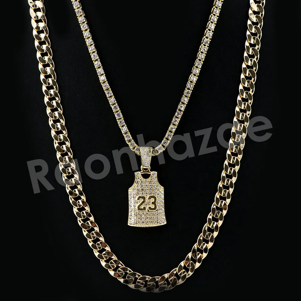 Micro Pave Number 23 Jersey Pendant w/ 18" Tennis / 30" Cuban Chain X3