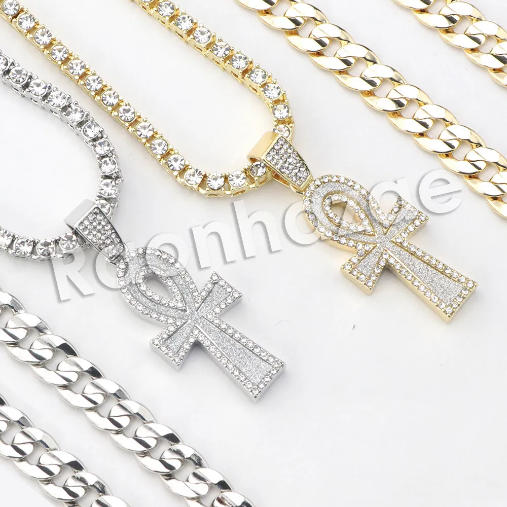 Micro Pave Pharaoh Ankh Cross Pendant w/ 18" Tennis / 30" Cuban Chain