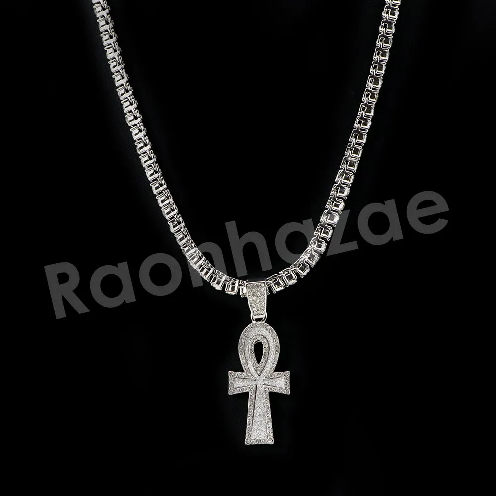 Micro Pave Pharaoh Ankh Cross Pendant w/ 18" Tennis / 30" Cuban Chain