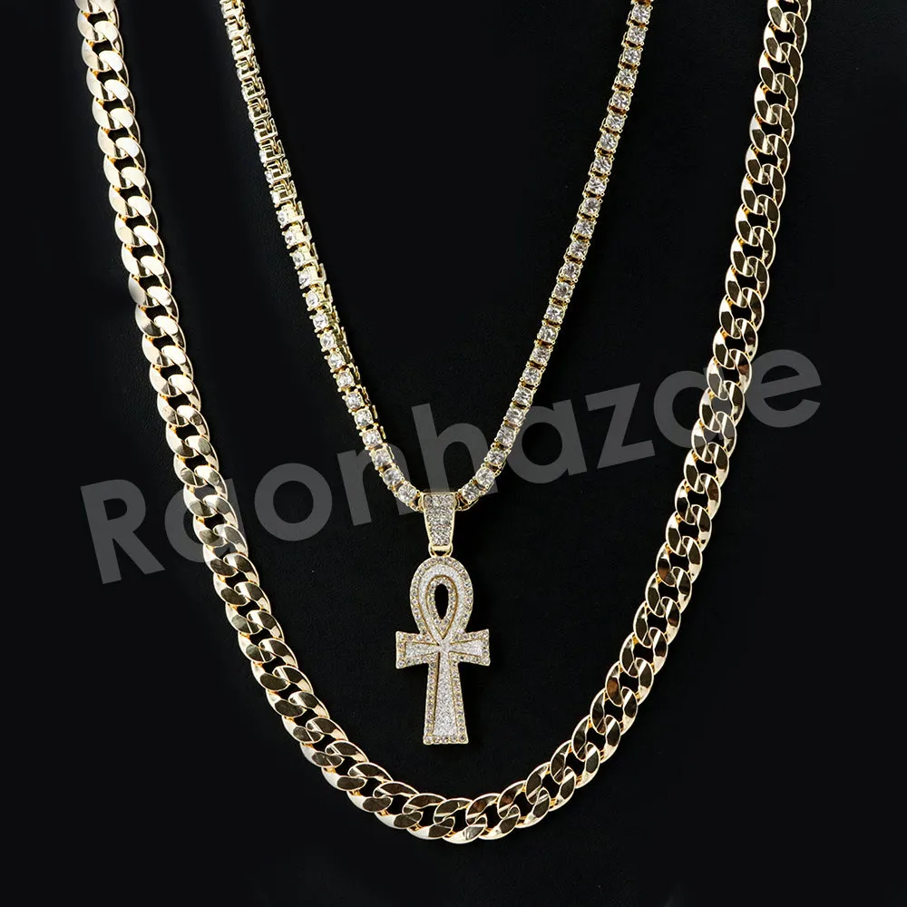 Micro Pave Pharaoh Ankh Cross Pendant w/ 18" Tennis / 30" Cuban Chain