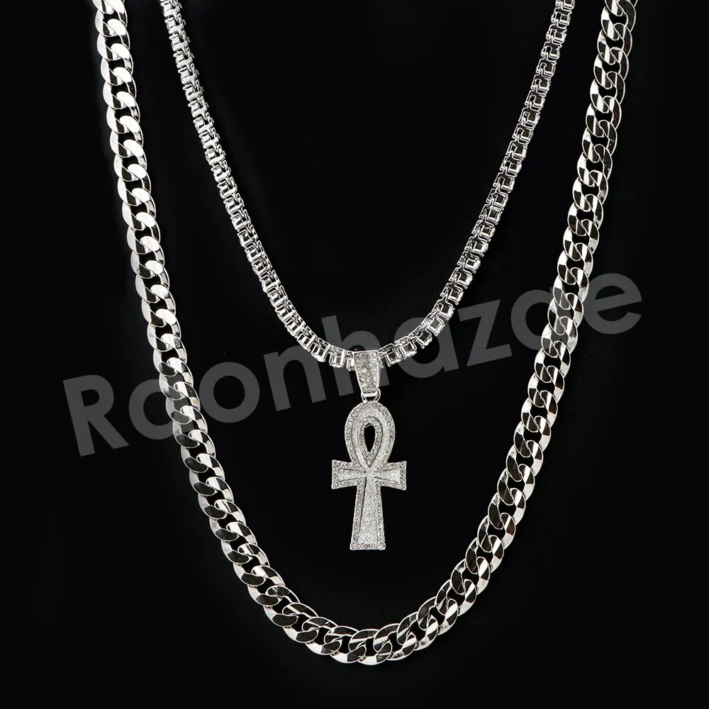 Micro Pave Pharaoh Ankh Cross Pendant w/ 18" Tennis / 30" Cuban Chain