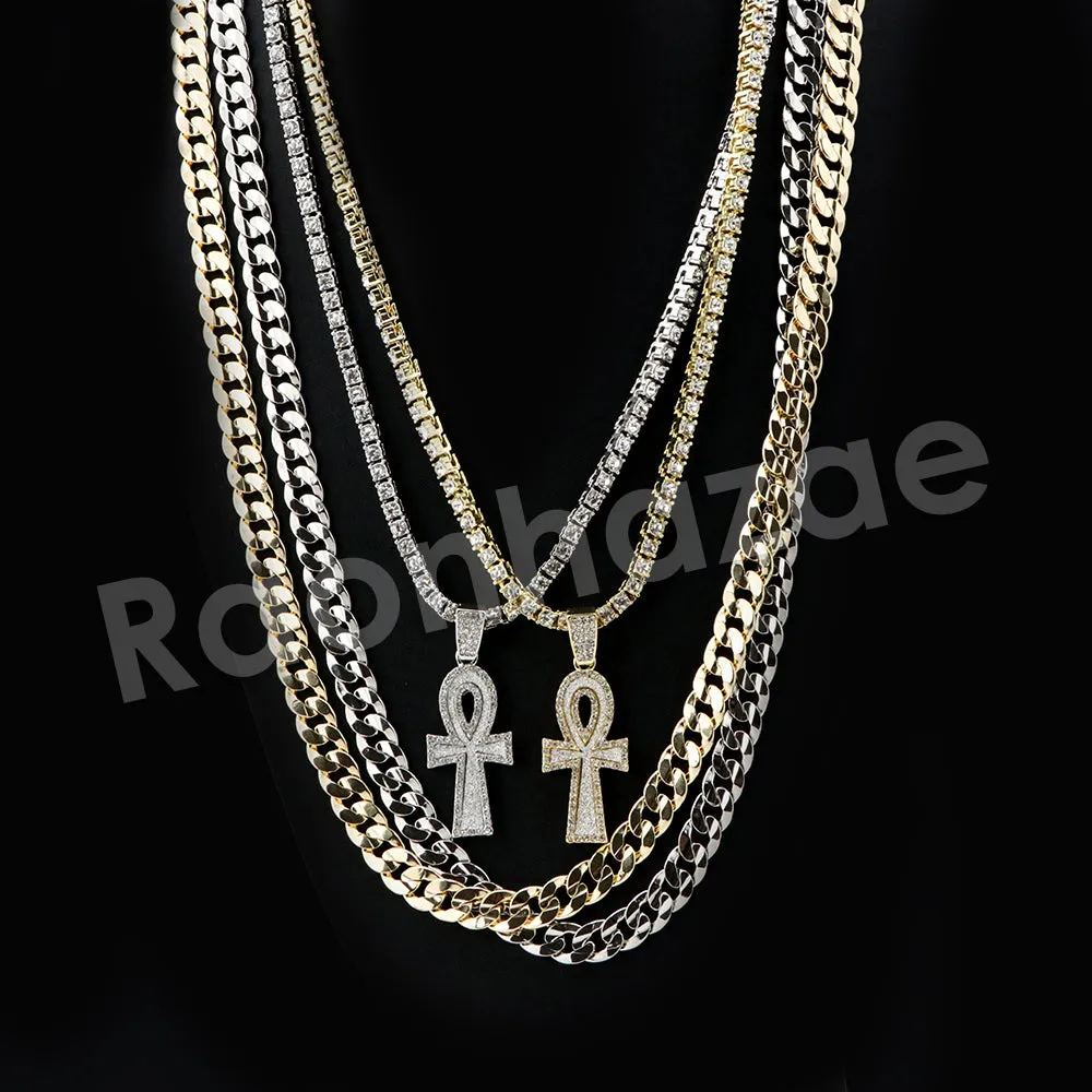 Micro Pave Pharaoh Ankh Cross Pendant w/ 18" Tennis / 30" Cuban Chain