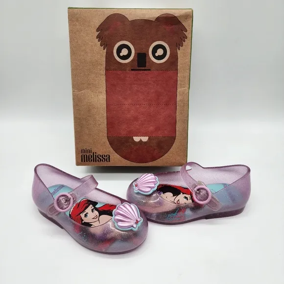 Mini Melissa Girl's Sweet Love Disney Princess Mary Jane Jelly Flat Ariel Size 7