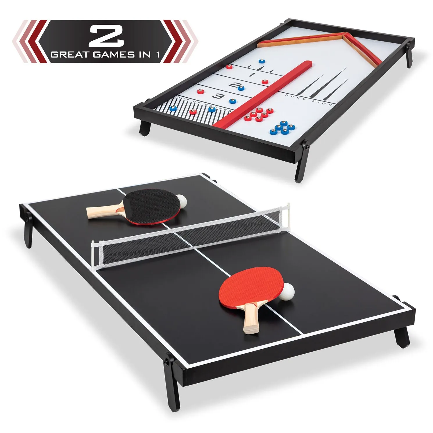 New in box! Majik 40 IN. TABLE TENNIS AND REBOUND SHUFFLEBOARD table top games set!
