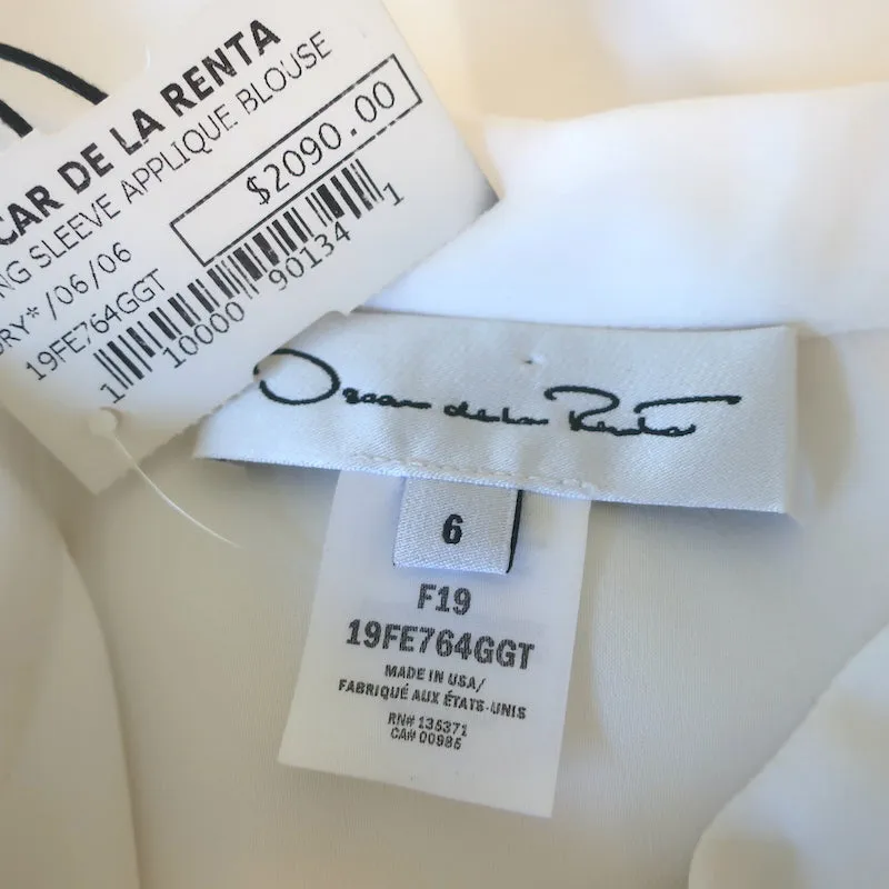Oscar de la Renta Organza Flower-Trimmed Blouse Cream Silk Size 6 NEW