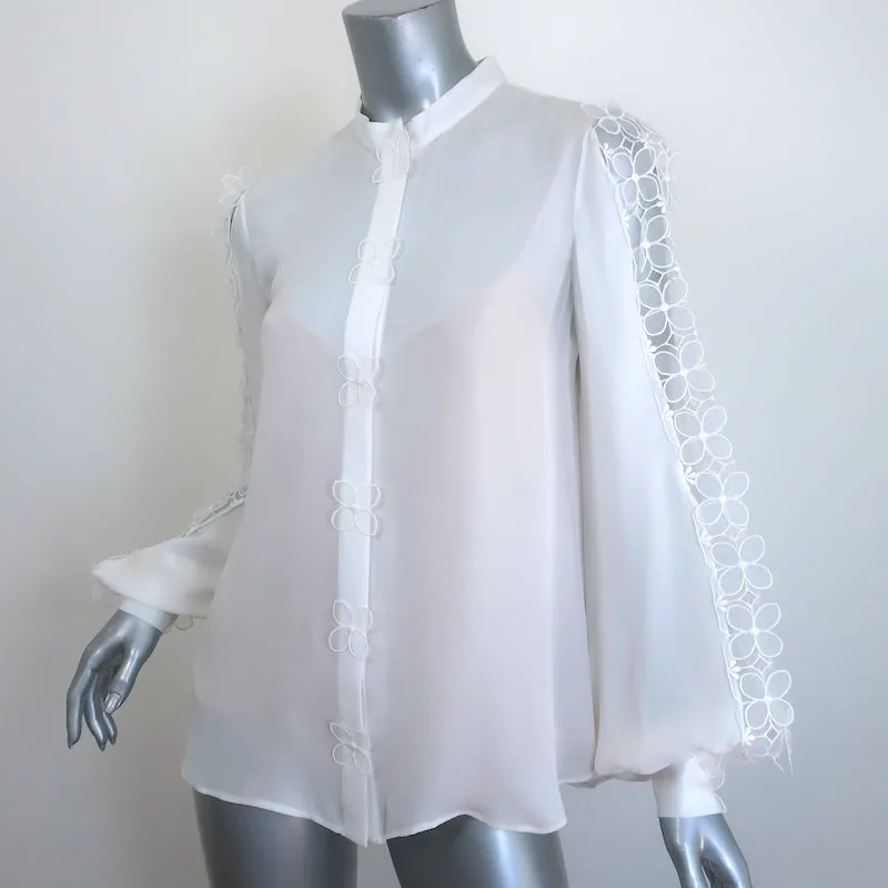 Oscar de la Renta Organza Flower-Trimmed Blouse Cream Silk Size 6 NEW