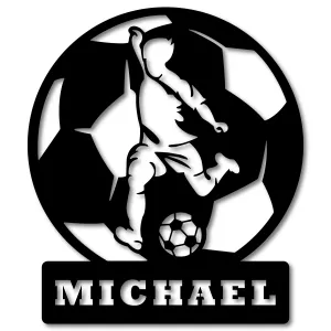Personalized Round Soccer Figure Metal Wall Art - Custom Name Sports Decor