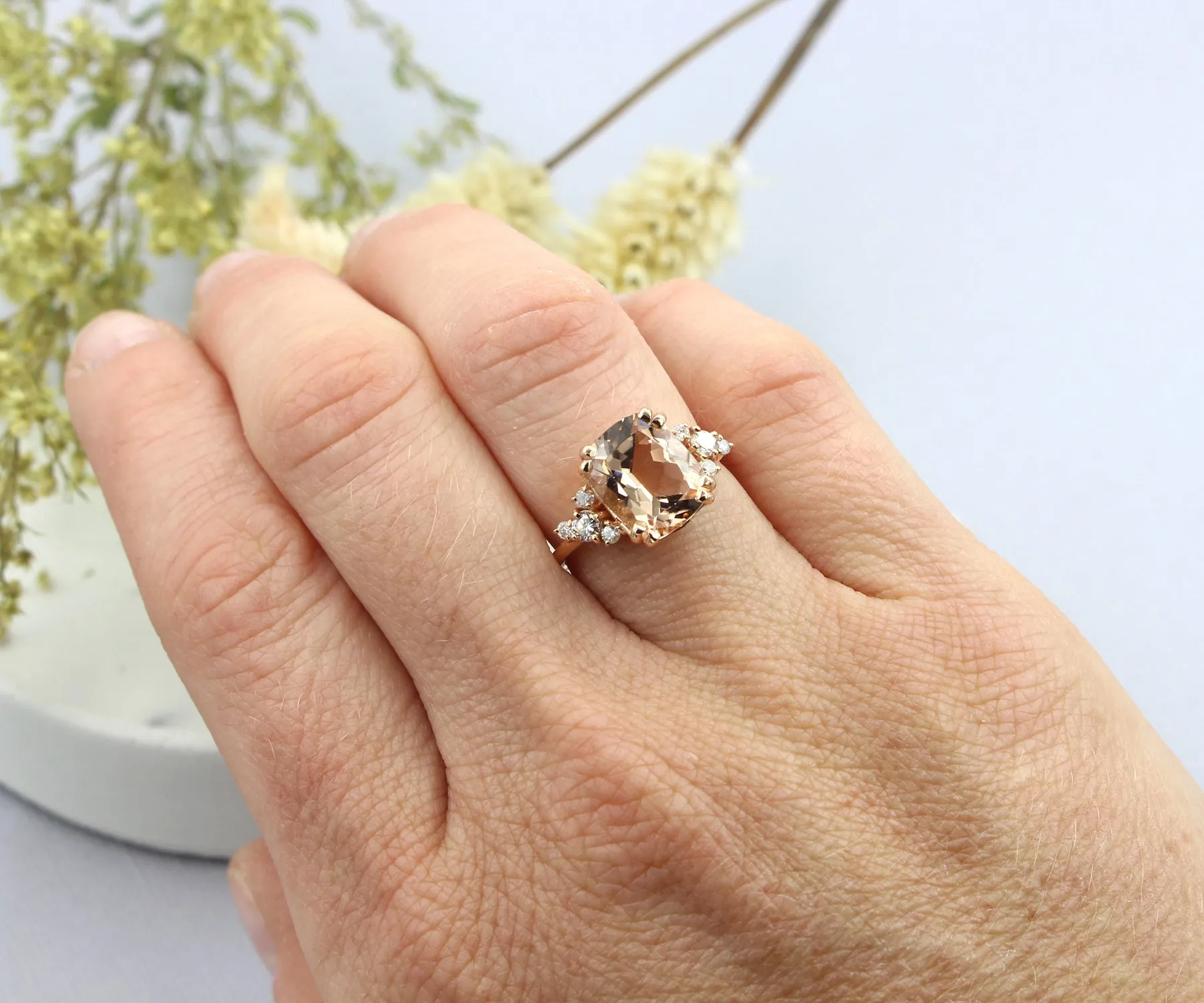 Romantic Asymmetrical Morganite Rose Gold Cluster Diamond Ring