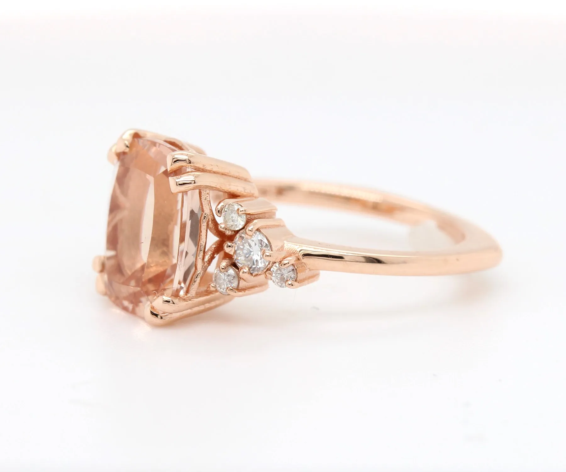 Romantic Asymmetrical Morganite Rose Gold Cluster Diamond Ring