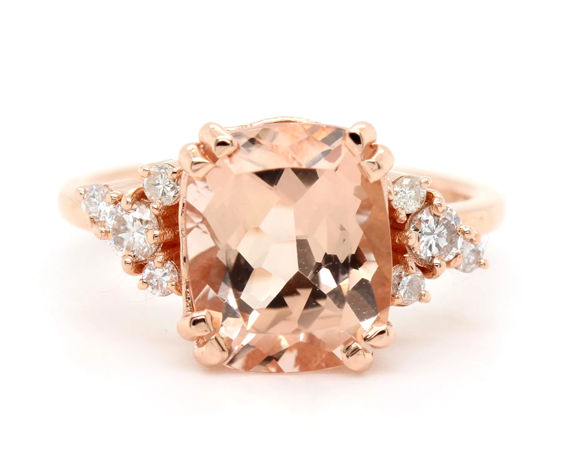 Romantic Asymmetrical Morganite Rose Gold Cluster Diamond Ring
