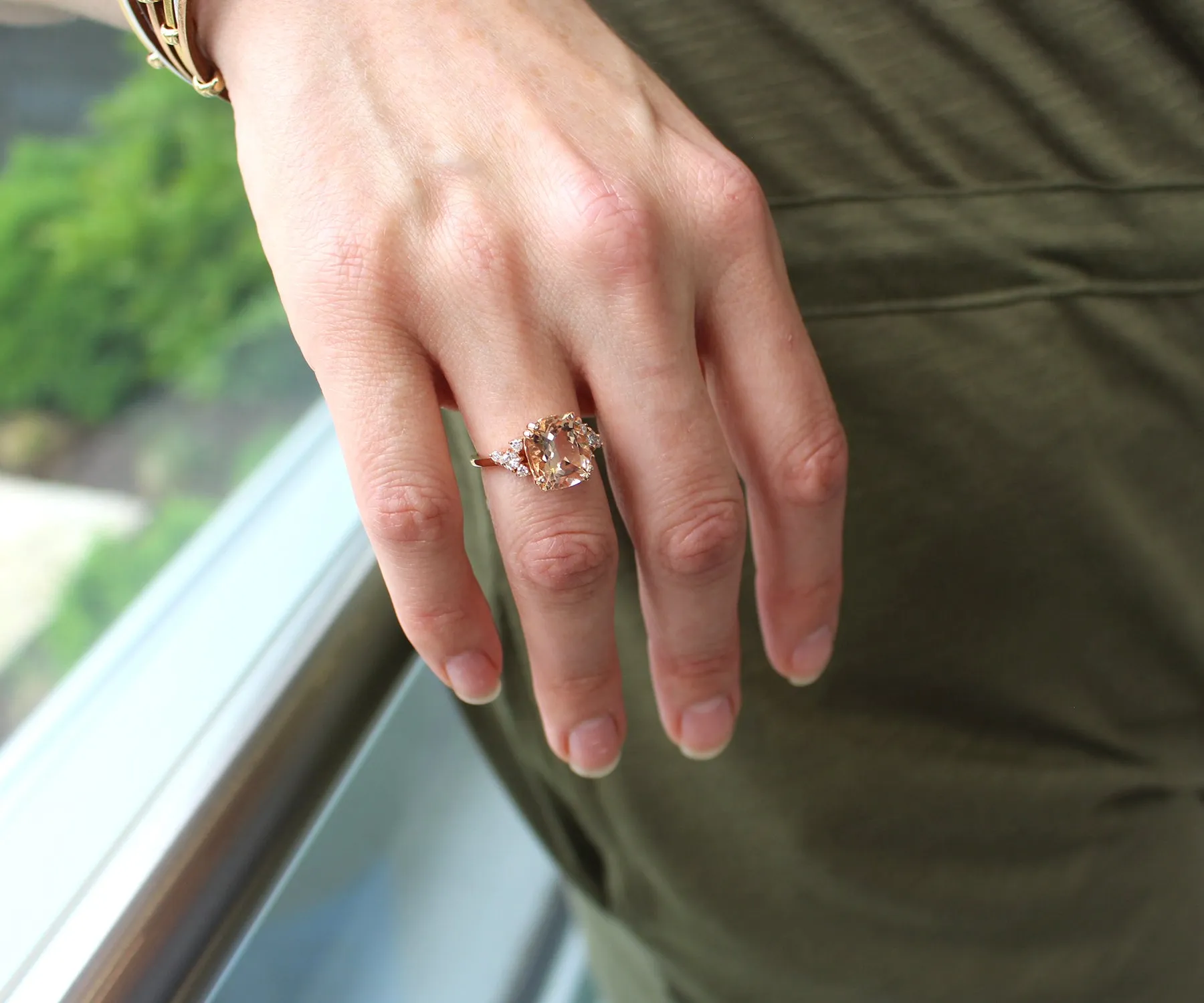Romantic Asymmetrical Morganite Rose Gold Cluster Diamond Ring