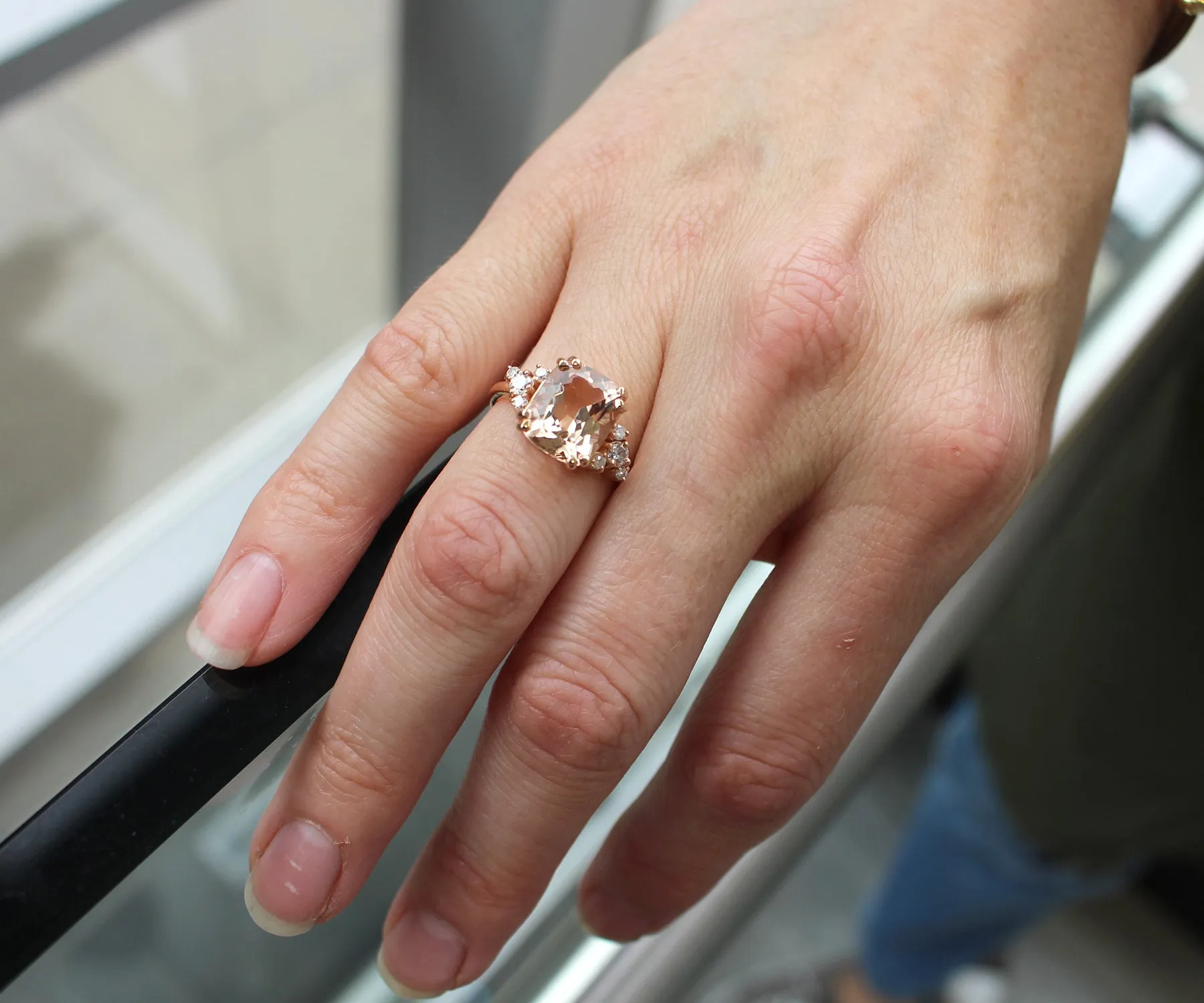 Romantic Asymmetrical Morganite Rose Gold Cluster Diamond Ring