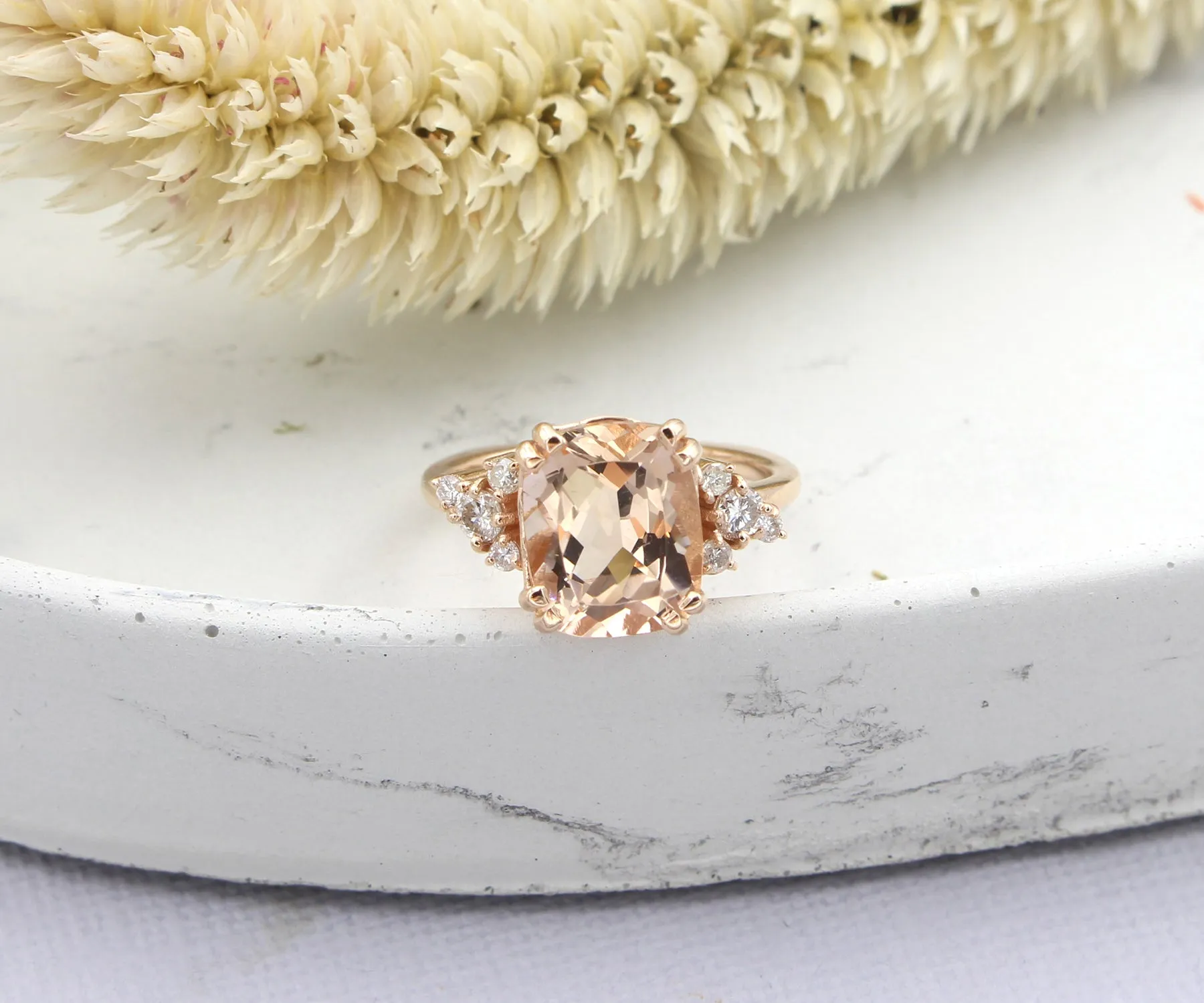 Romantic Asymmetrical Morganite Rose Gold Cluster Diamond Ring