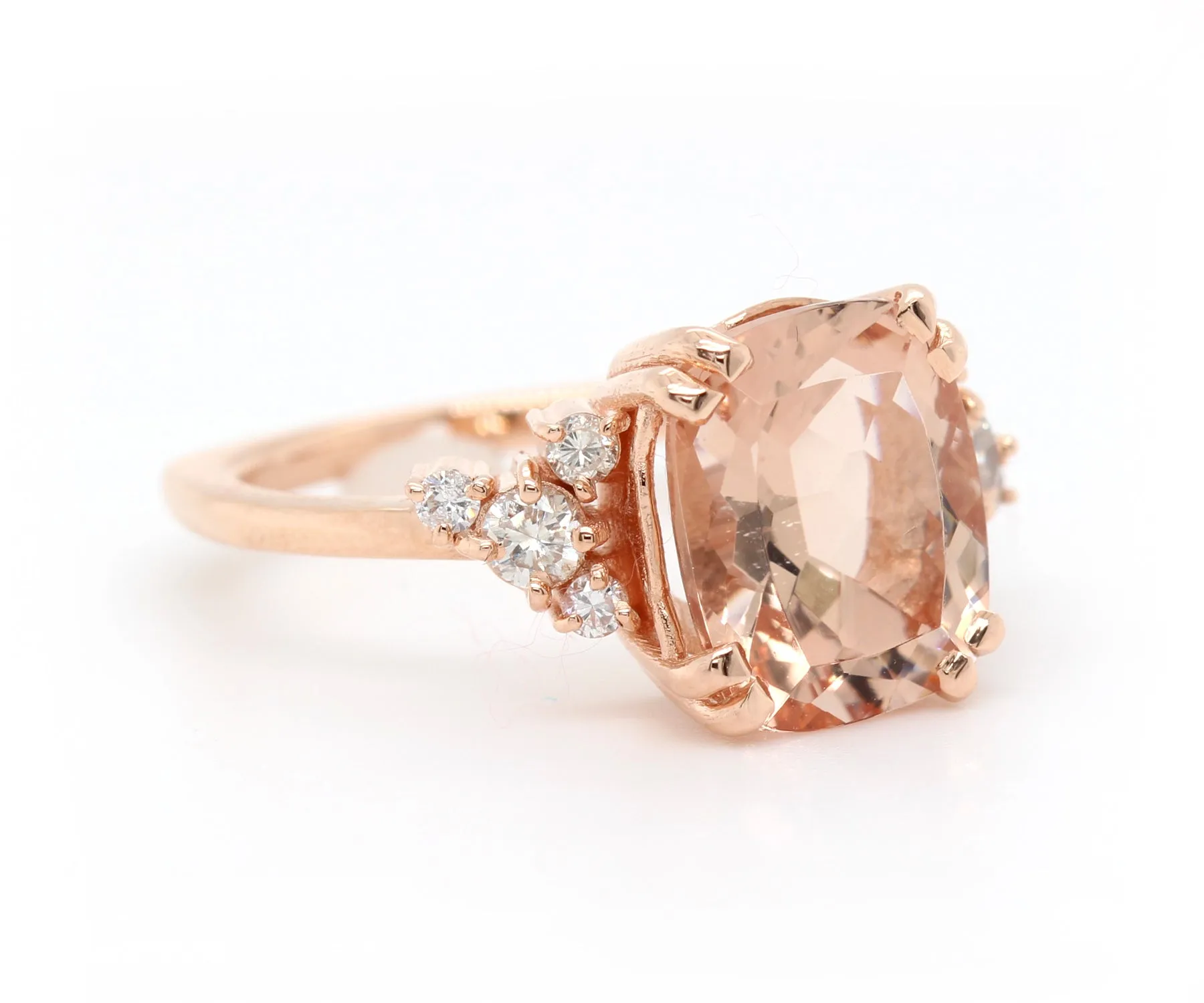 Romantic Asymmetrical Morganite Rose Gold Cluster Diamond Ring