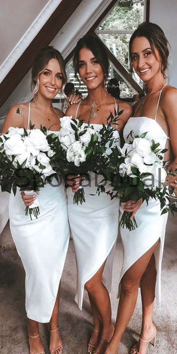 Spaghetti Straps Short White Simple Midi Mermaid Summer Bridesmaid Dresses, WG731
