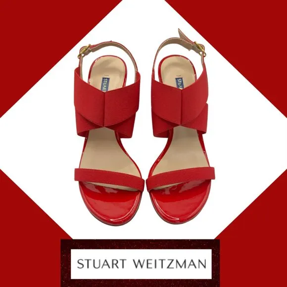 Stuart Weitzman Alana Block 75 Follow Me Red Patent Leather Sandal, Sz. 5.5