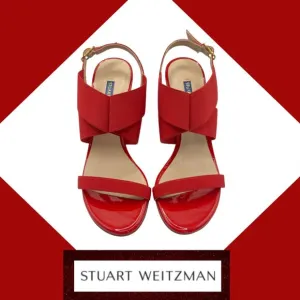 Stuart Weitzman Alana Block 75 Follow Me Red Patent Leather Sandal, Sz. 5.5