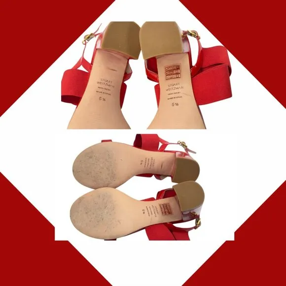 Stuart Weitzman Alana Block 75 Follow Me Red Patent Leather Sandal, Sz. 5.5