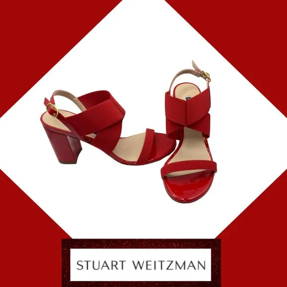 Stuart Weitzman Alana Block 75 Follow Me Red Patent Leather Sandal, Sz. 5.5