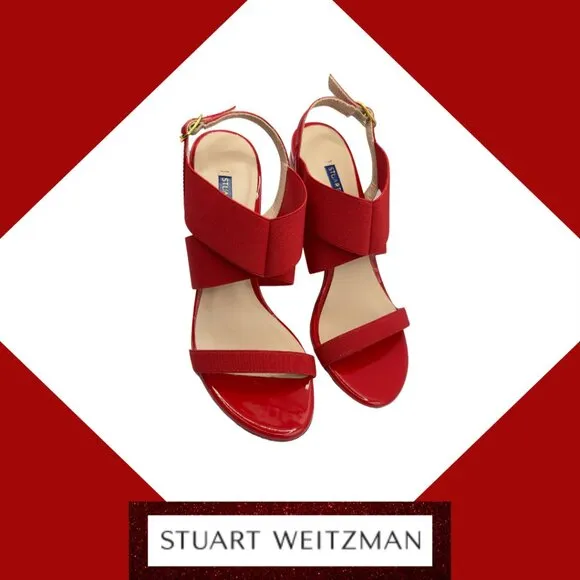 Stuart Weitzman Alana Block 75 Follow Me Red Patent Leather Sandal, Sz. 5.5