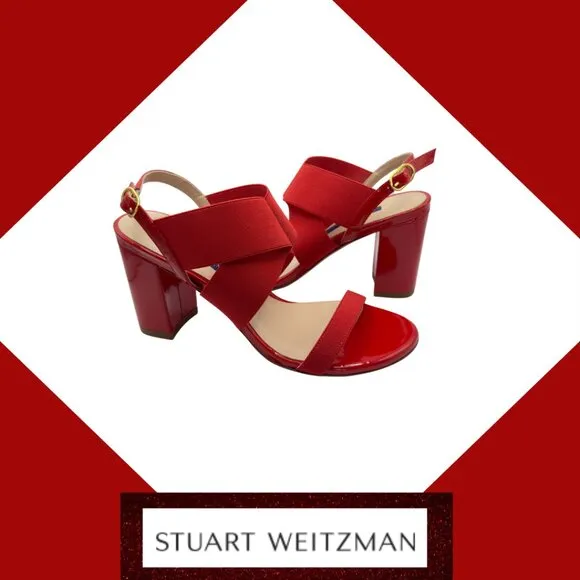 Stuart Weitzman Alana Block 75 Follow Me Red Patent Leather Sandal, Sz. 5.5