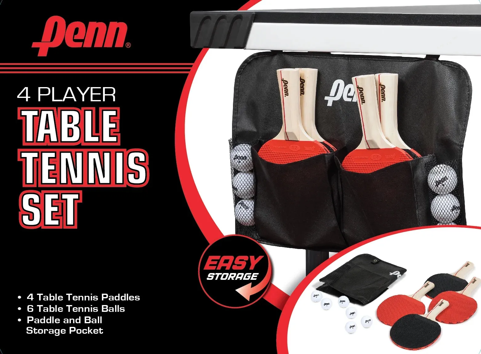 Table Tennis Accessory Set - 4 Ping Pong Paddles, 6 Balls and Storage Pocket