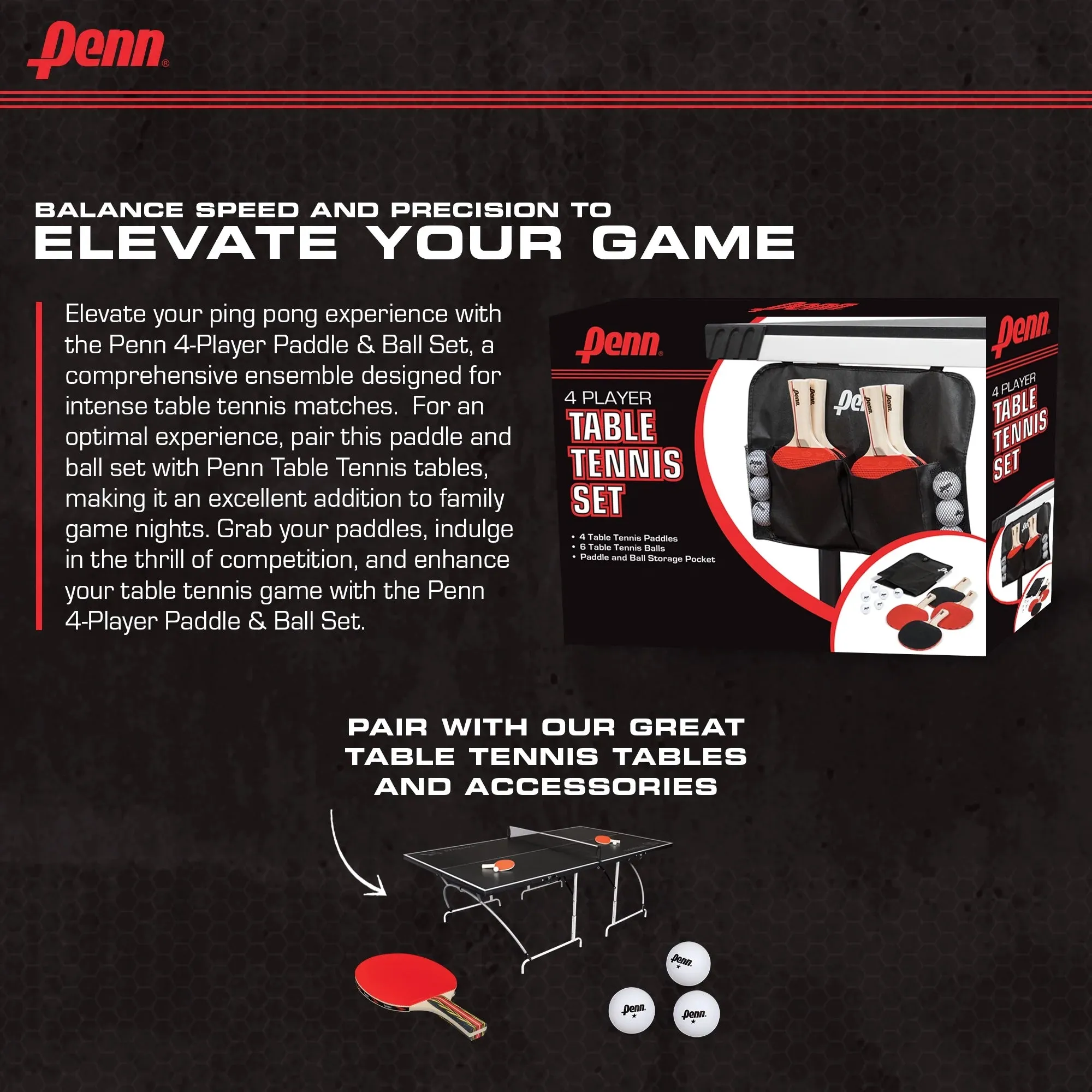 Table Tennis Accessory Set - 4 Ping Pong Paddles, 6 Balls and Storage Pocket