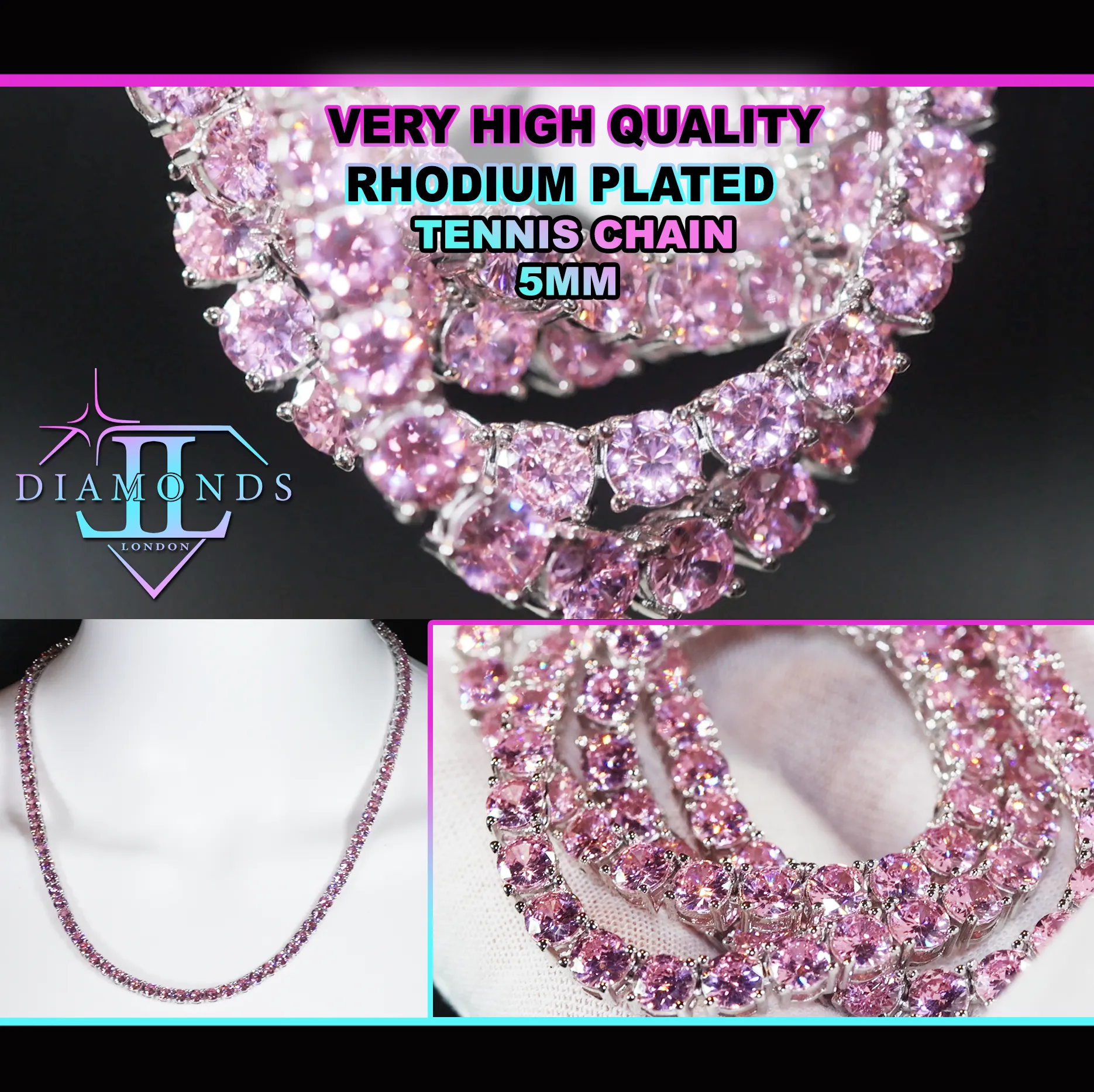 Tennis Chain | Pink Diamond Tennis Chain | Tennis Necklace | Womens Tennis Chain | Iced Chain  | Diamond Tennis Chain | Hip Hop Chain