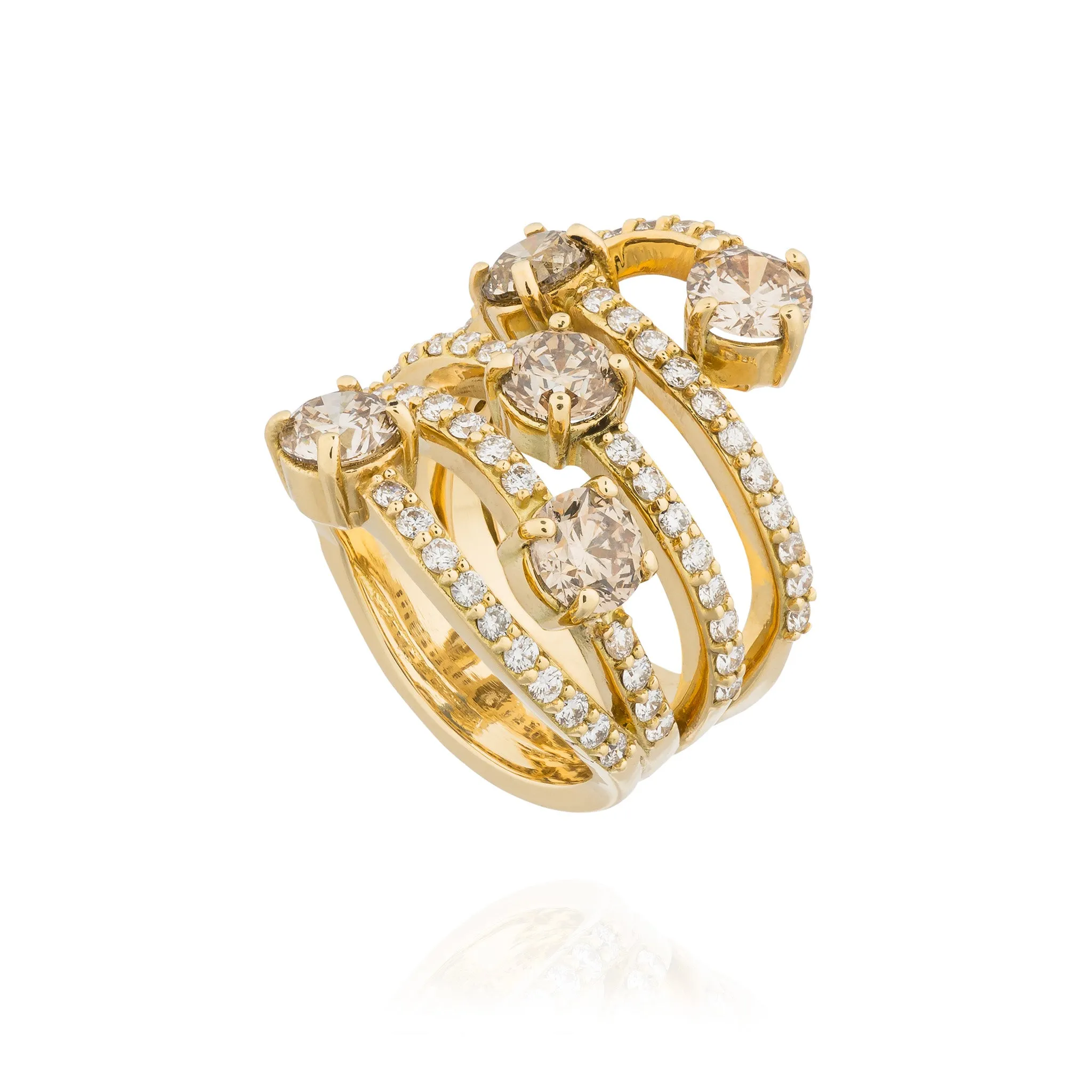 Waterfall 18Kt Yellow Gold Ring with Cognac Diamonds