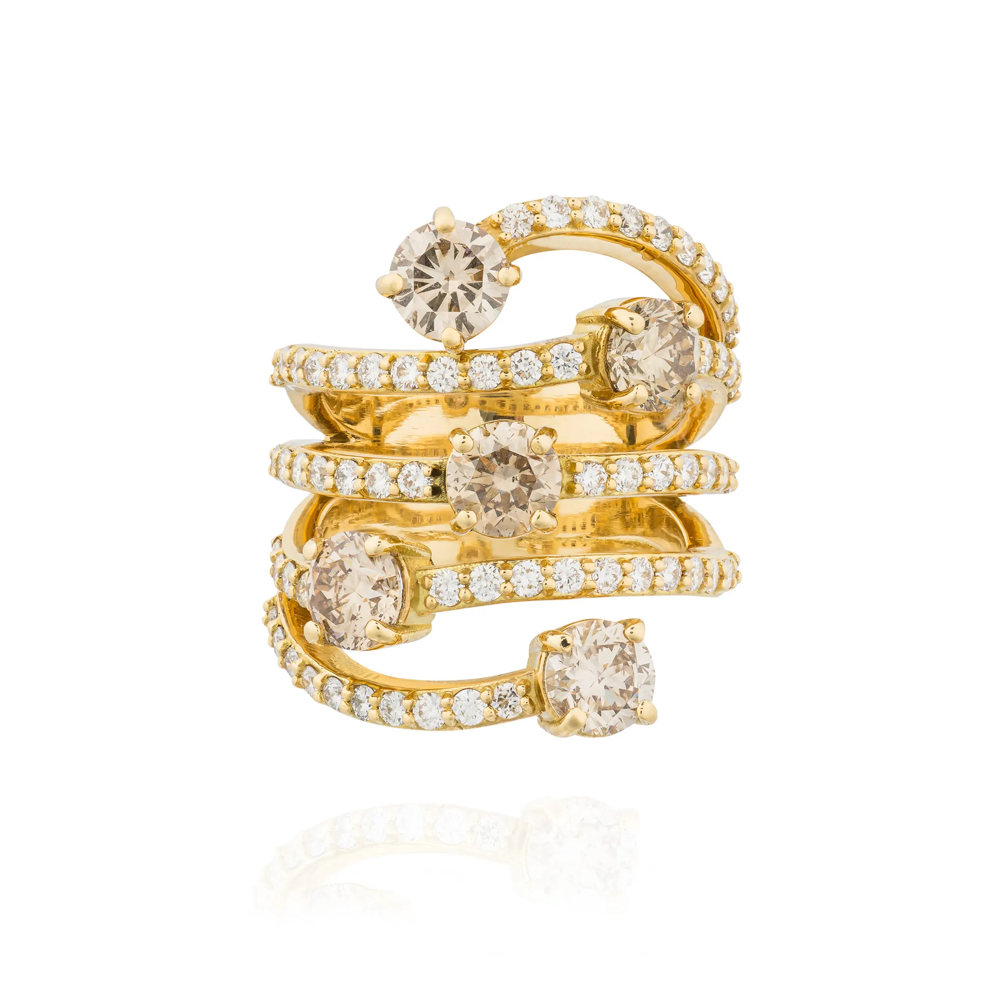 Waterfall 18Kt Yellow Gold Ring with Cognac Diamonds