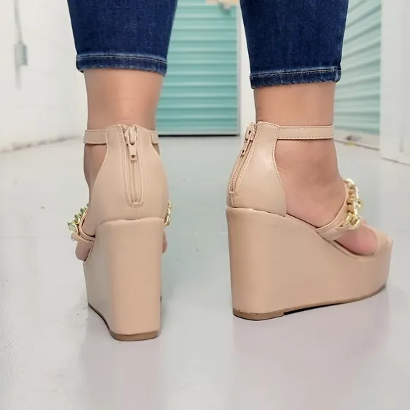 Women's Gold Chain High Wedge Platform Nude Color