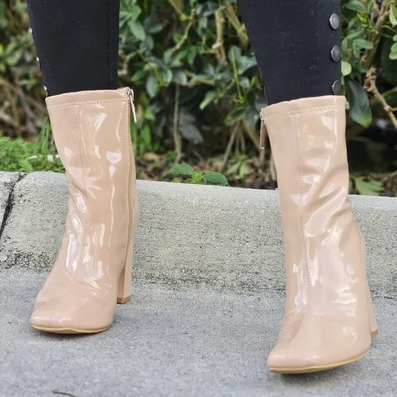 Women's Nude Chunky Heel Ankle Booties