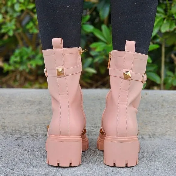 Women's Nude Pyramid Stud Ankle Combat Boot