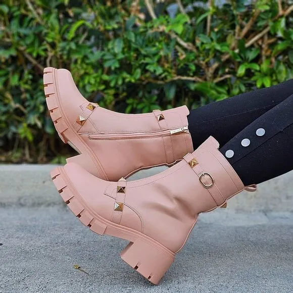 Women's Nude Pyramid Stud Ankle Combat Boot