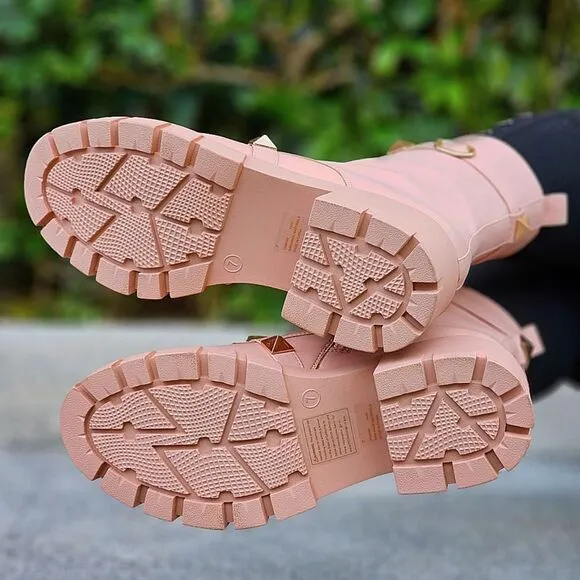 Women's Nude Pyramid Stud Ankle Combat Boot