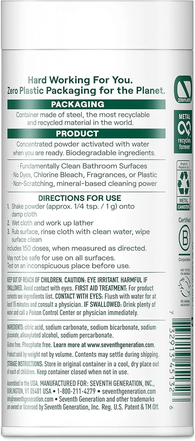 Zero Plastic Bathroom Powder Cleaner Fragrance Free Water-activated formula 5.4 oz